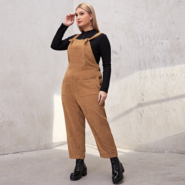 

Plus Button Side Corduroy Overall Jumpsuit, Brown