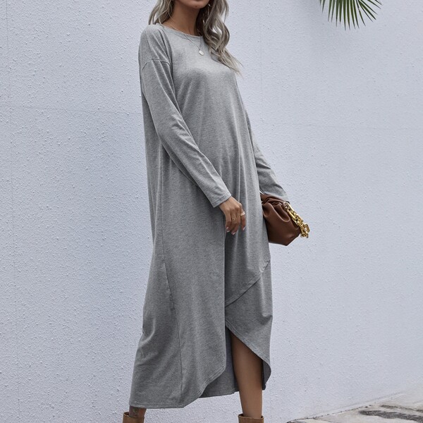 

Drop Shoulder Wrap Hem Tee Dress, Grey
