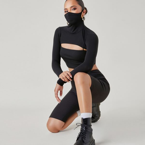 

Face Scarf Long Sleeve Crop Top, Black