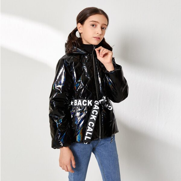 

Girls Letter Belted Leather Look Puffer Jacket, Black