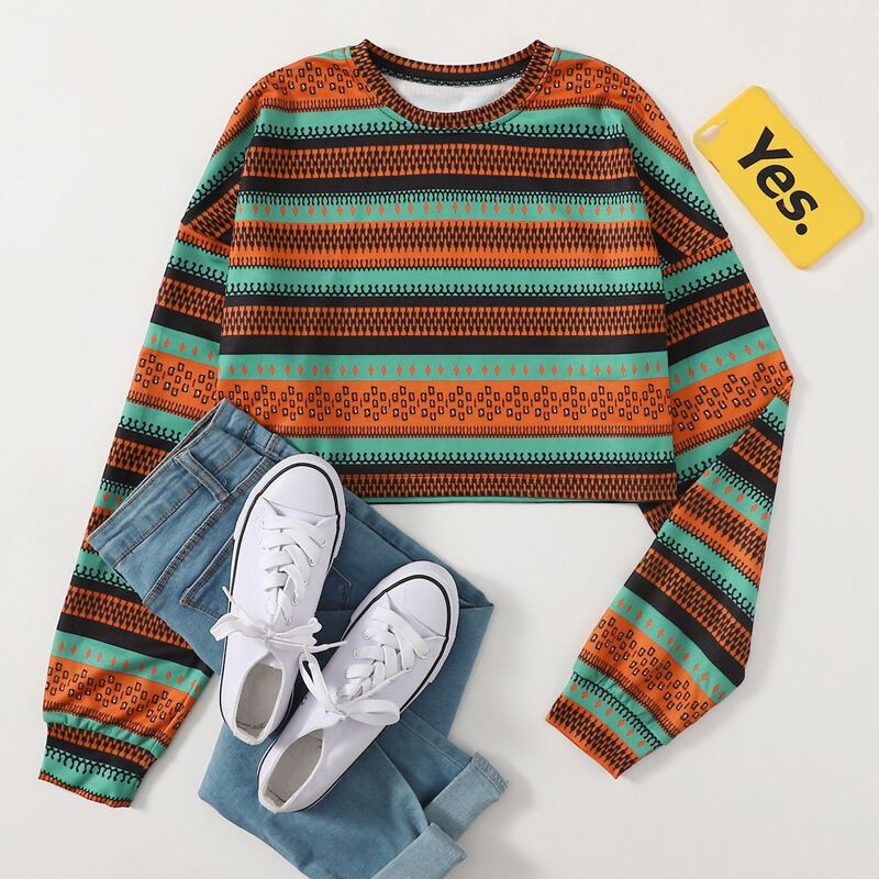 

Colorblock And Geo Print Crop Sweatshirt, Multicolor