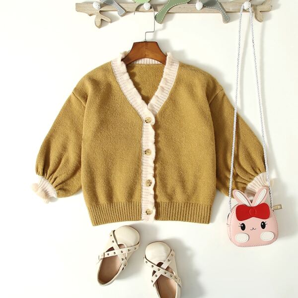 

Toddler Girls Frill Bishop Sleeve Button Up Cardigan, Mustard yellow