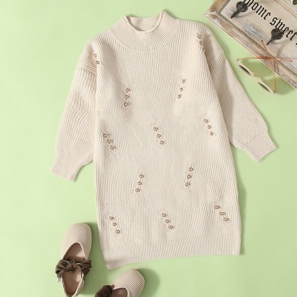 

Toddler Girls Pearls Detail Mock Neck Drop Shoulder Sweater Dress, Beige