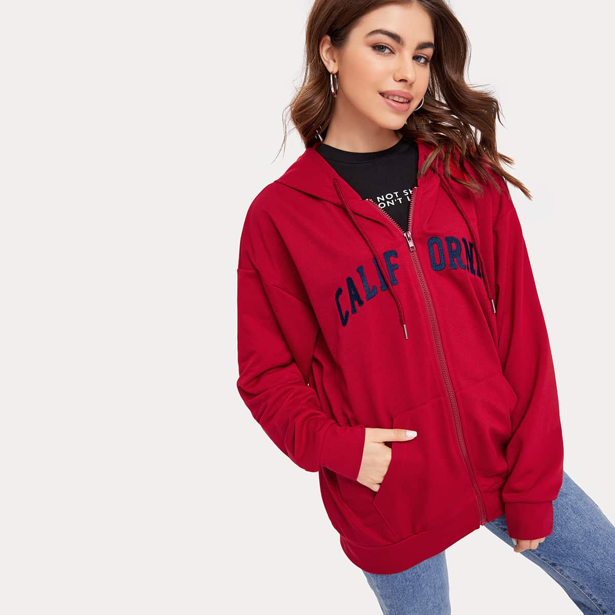 

Letter Graphic Oversized Zip Hoodie, Red