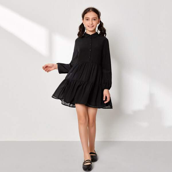 

Girls Bishop Sleeve Ruffle Hem Dress, Black