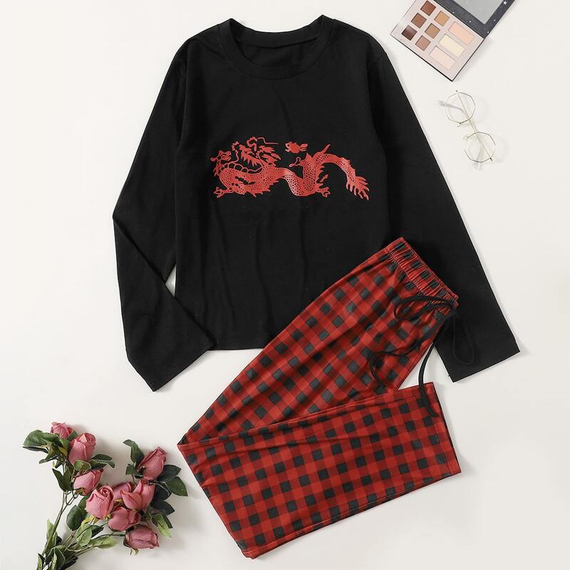 

Chinese Dragon Plaid Print Pants PJ Set, Multicolor
