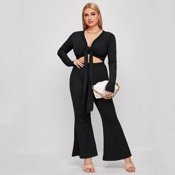 

Plus Tie Front Top With Flare Leg Pants, Black
