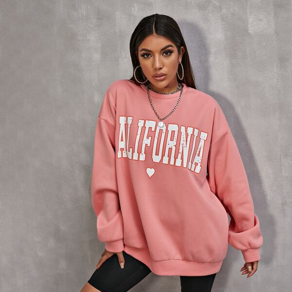 

Drop Shoulder Letter & Heart Print Sweatshirt, Coral pink