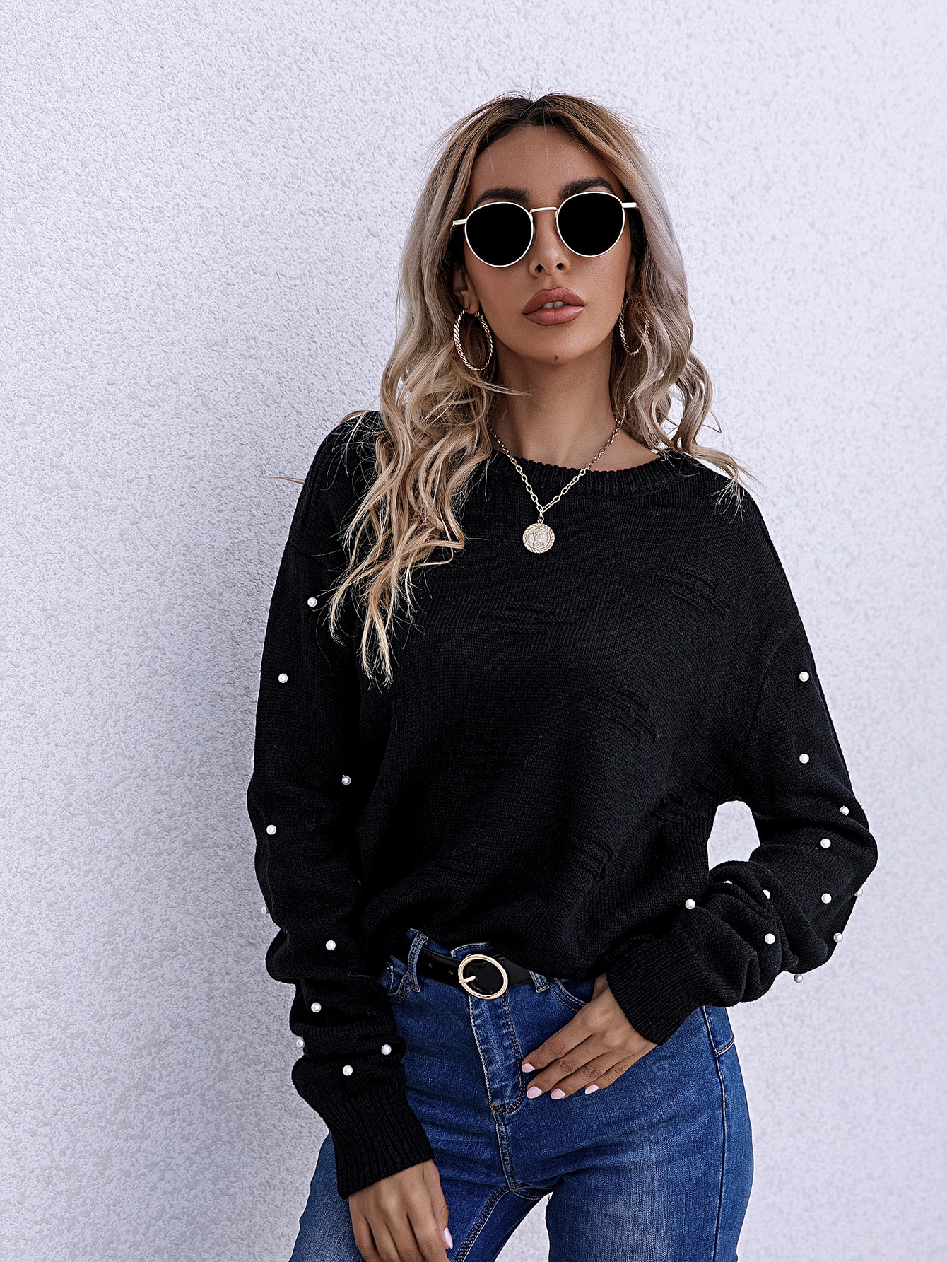 Drop Shoulder Pearl Beaded Sweater thumbnail
