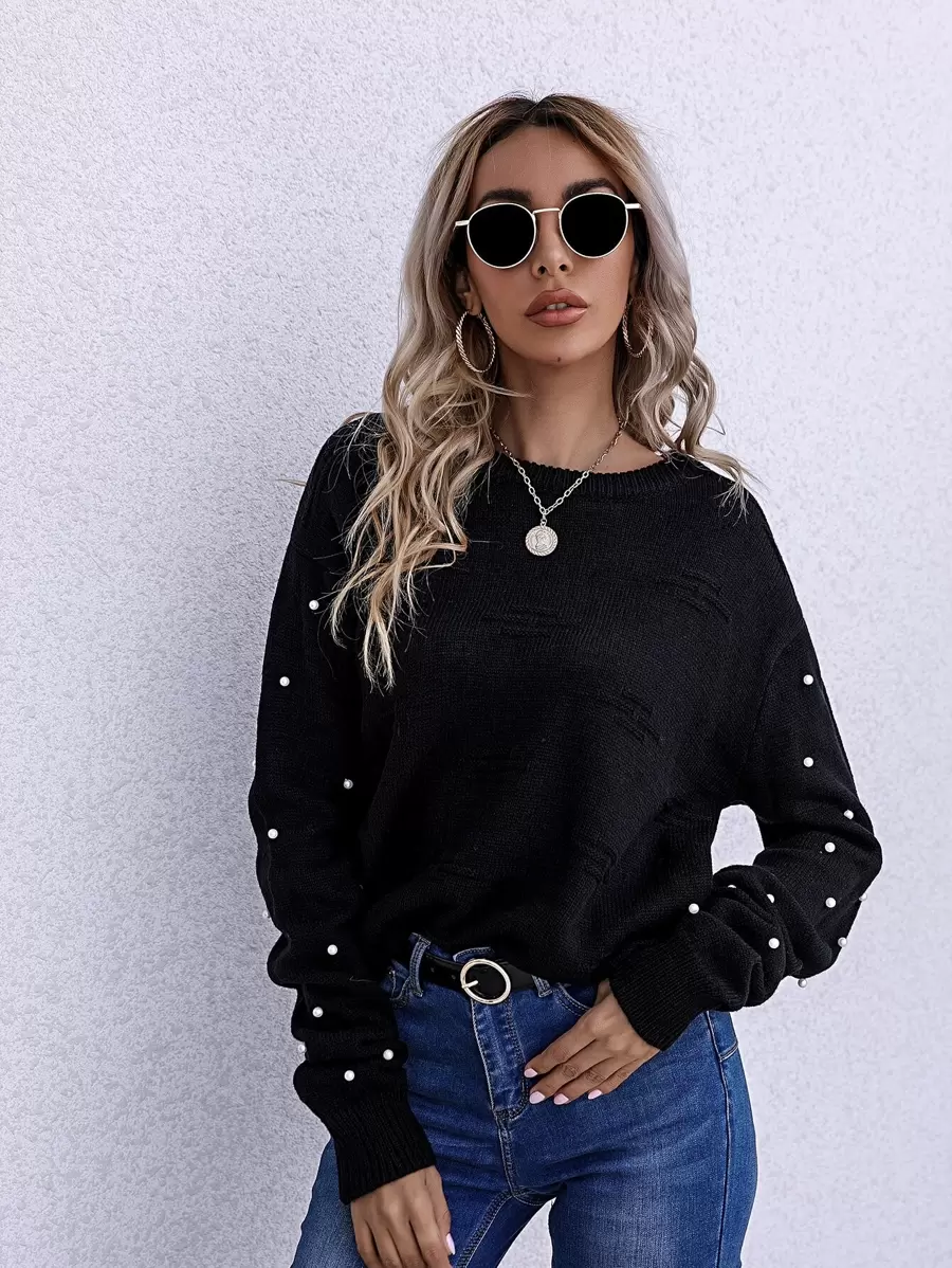 SHEIN LUNE Drop Shoulder Pearl Beaded Jumper