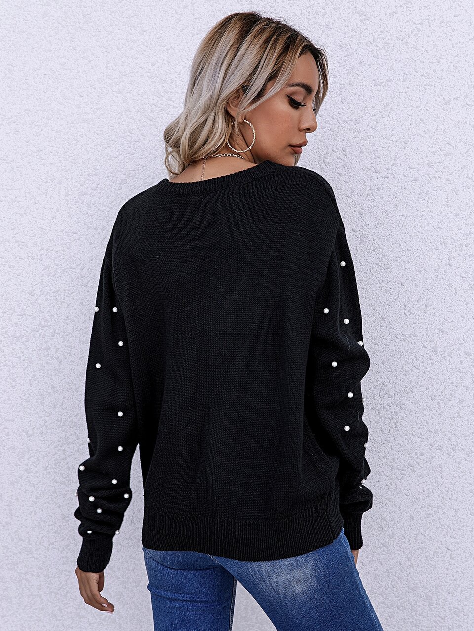 Drop Shoulder Faux Pearl Beaded Sweater,Long Sleeve Tops Knit Pullover Fall Winter