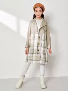 SHEIN 女孩捲邊袖自腰帶格紋外套