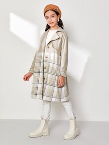 SHEIN 女孩捲邊袖自腰帶格紋外套