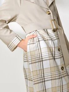 SHEIN 女孩捲邊袖自腰帶格紋外套