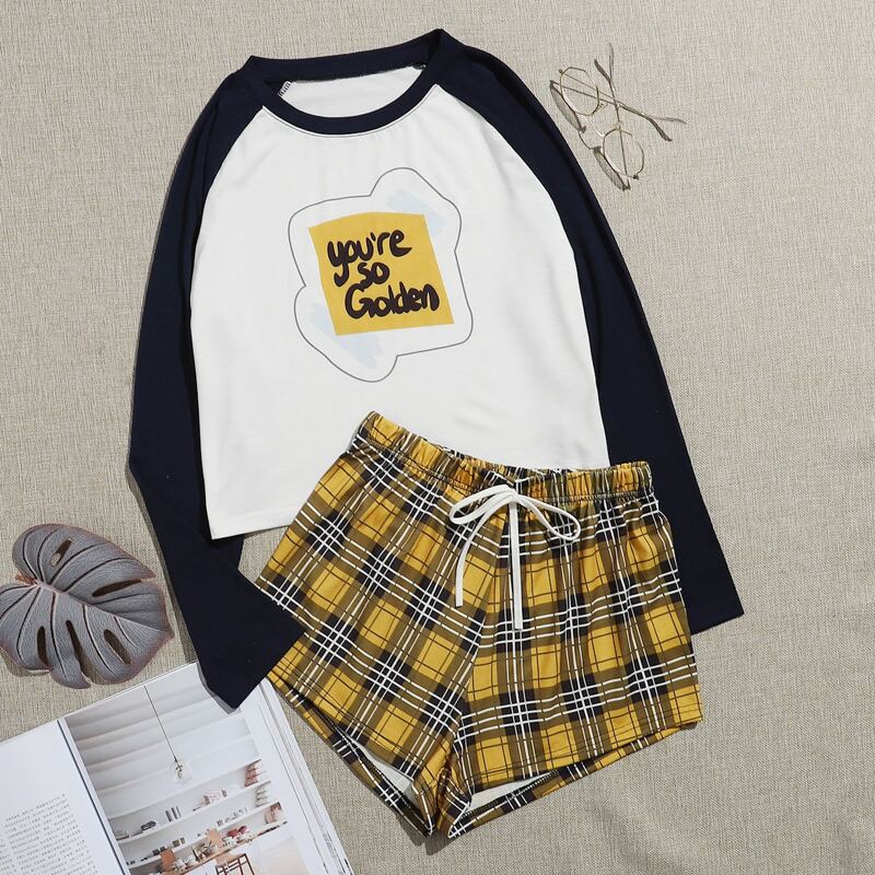 

Slogan Plaid Shorts PJ Set, Multicolor