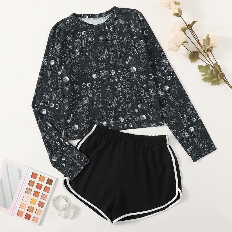 

Allover Print Contrast Binding Shorts PJ Set, Black