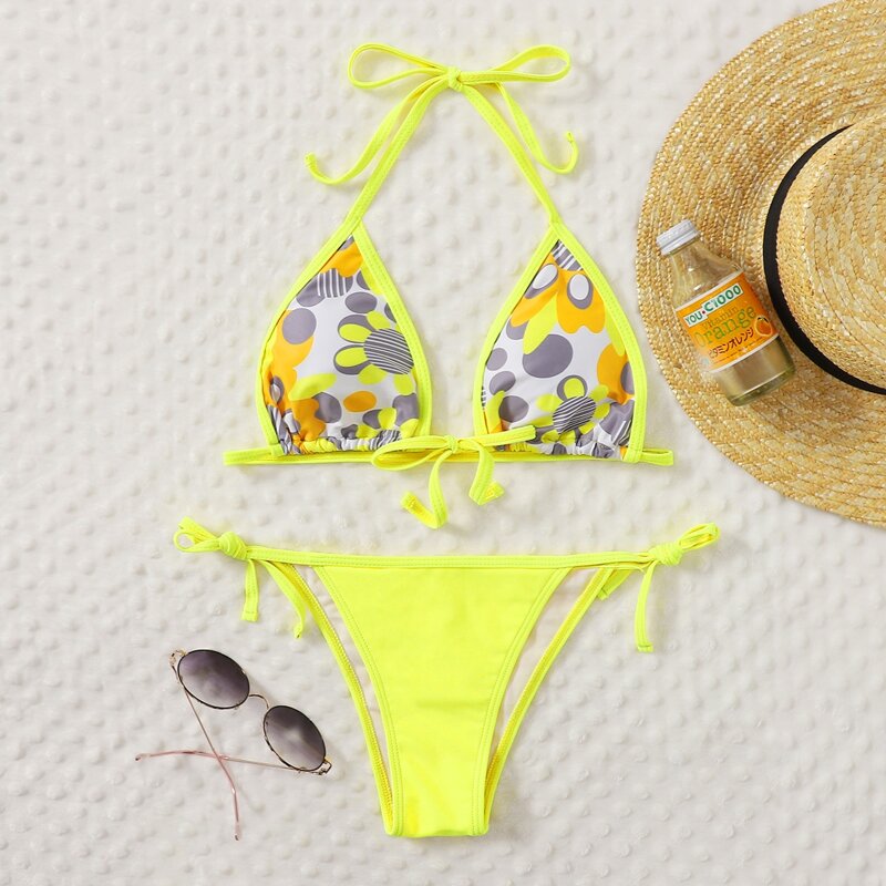 

Floral Tie Side Bikini Swimsuit, Yellow