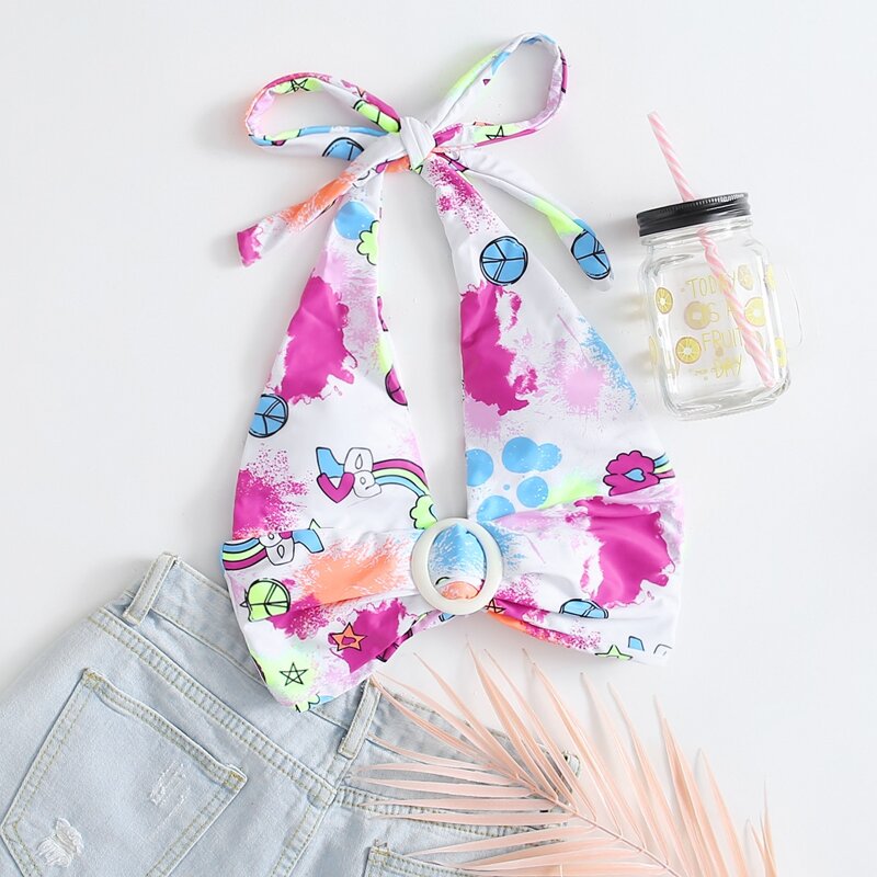 

Cartoon O-ring Halter Bikini Top, Multicolor