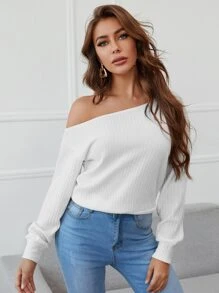 SHEIN Essnce Pullover tejido de canalé de cuello asimétrico - Blanco - Ver 1