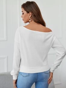 SHEIN Essnce Pullover tejido de canalé de cuello asimétrico - Blanco - Ver 2