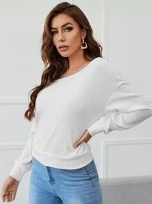 SHEIN Essnce Pullover tejido de canalé de cuello asimétrico - Blanco - Ver 3