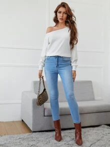 SHEIN Essnce Pullover tejido de canalé de cuello asimétrico - Blanco - Ver 5