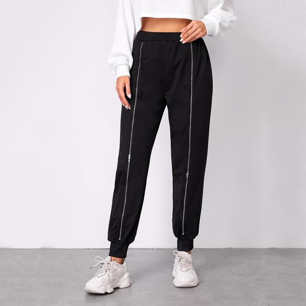 

Zipper Front Elastic Waist Sweatpants, Black