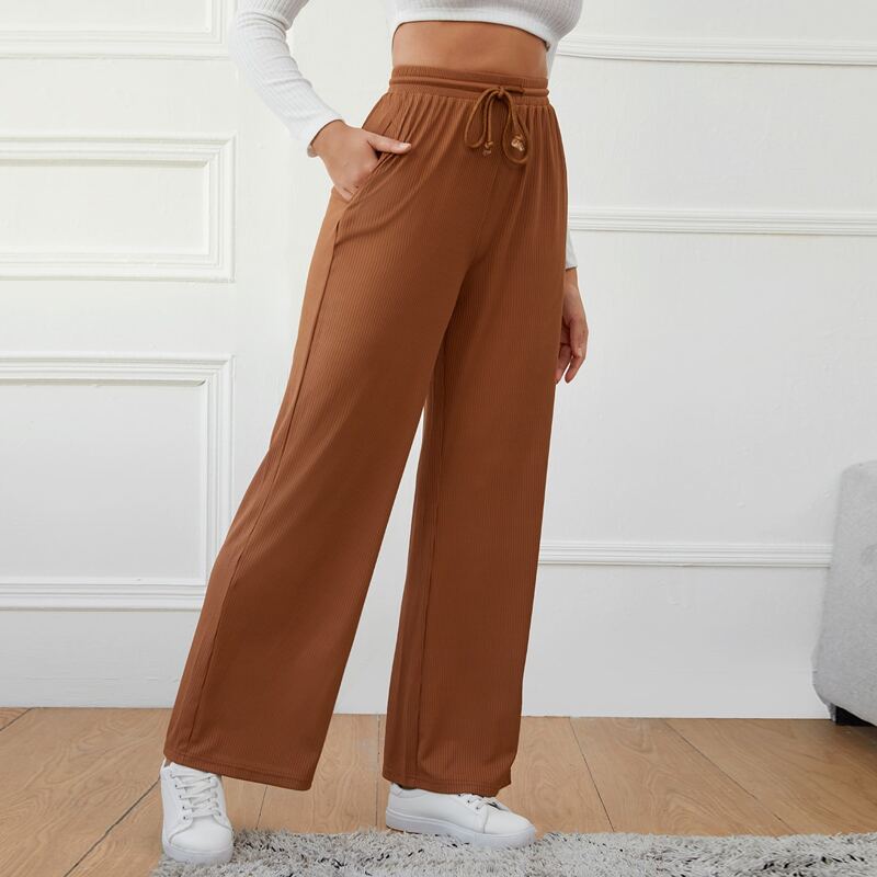 

Drawstring Waist Rib-knit Pants, Brown