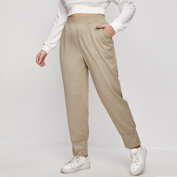 

Plus Buttoned Hem Elastic Waist Sweatpants, Khaki