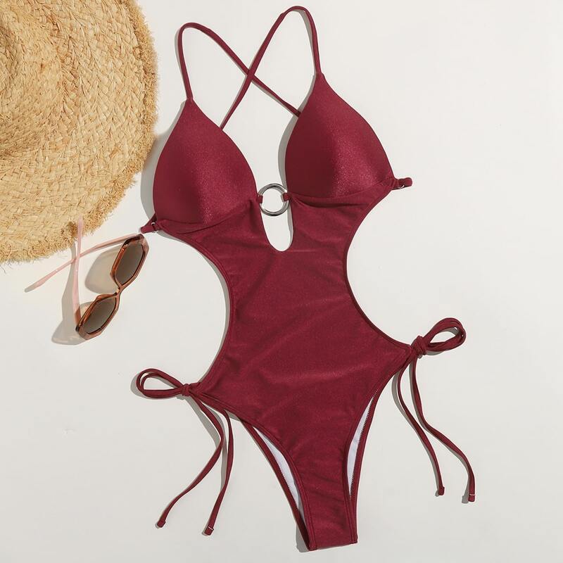 

Solid O-ring Cut Out One Piece Swimsuit, Burgundy