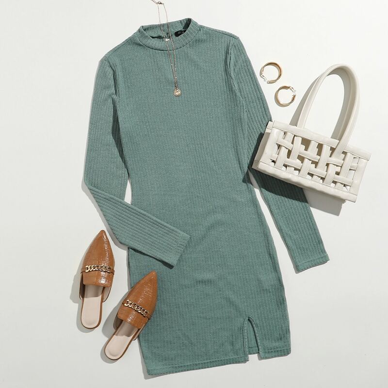 

Mock-neck Split Hem Bodycon Dress, Mint green