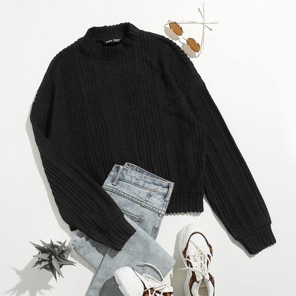 

Drop Shoulder Rib-knit Solid Pullover, Black