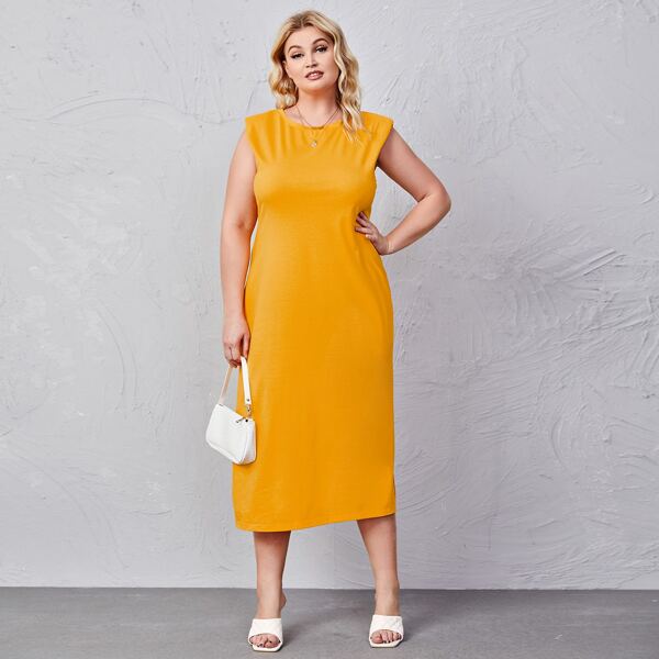 

Plus Shoulder Pad Split Thigh Dress, Yellow