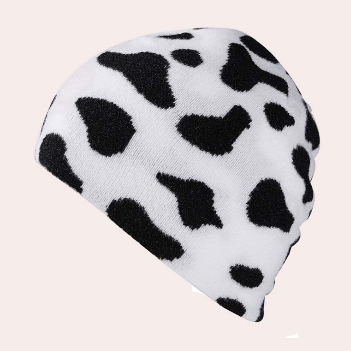 Cow Print Knit Beanie, Black and white