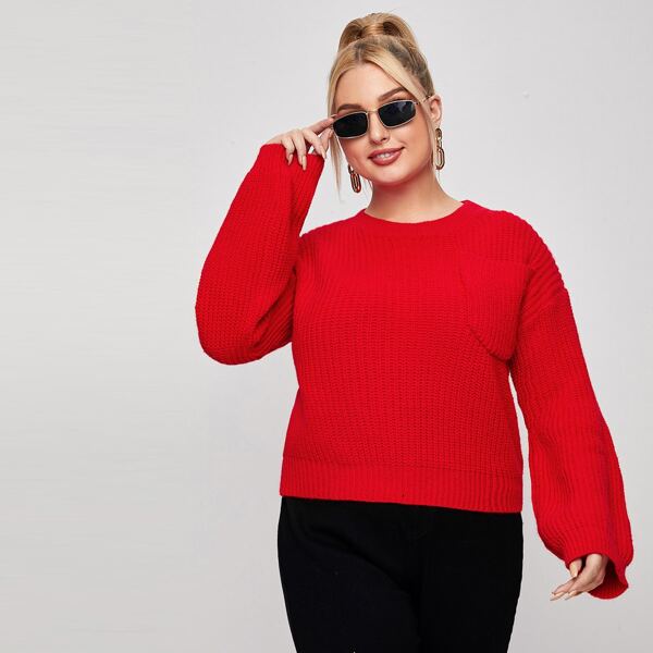 

Plus Drop Shoulder Pocket Front Sweater, Bright red