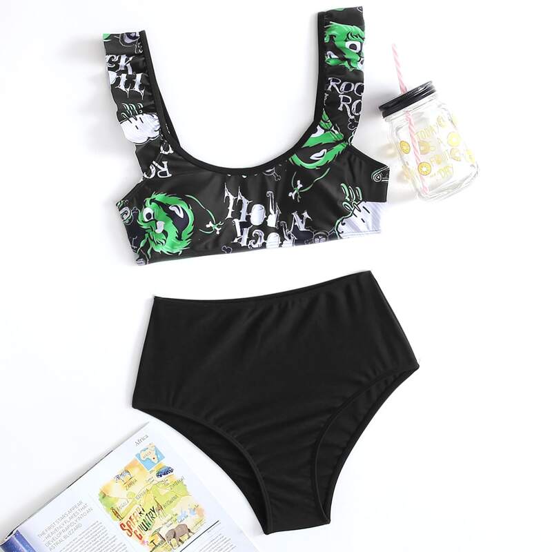 

Cartoon Print High Waist Bikini Swimsuit, Black