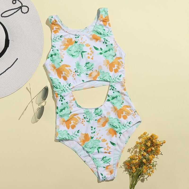 

Floral Cut Out One Piece Swimsuit, Multicolor