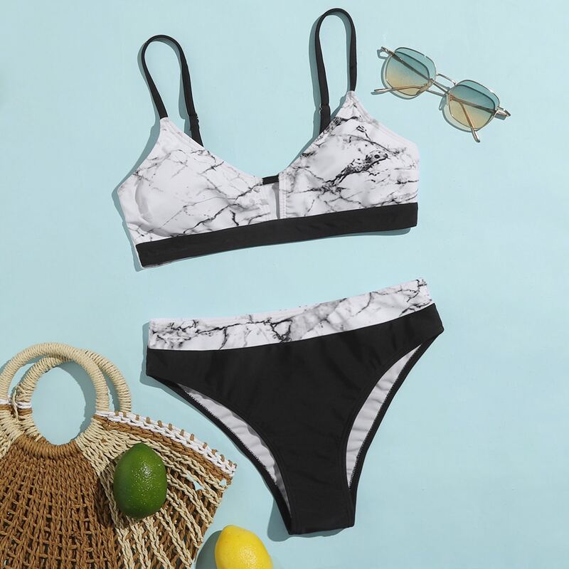 

Marble Print Bikini Swimsuit, Black and white