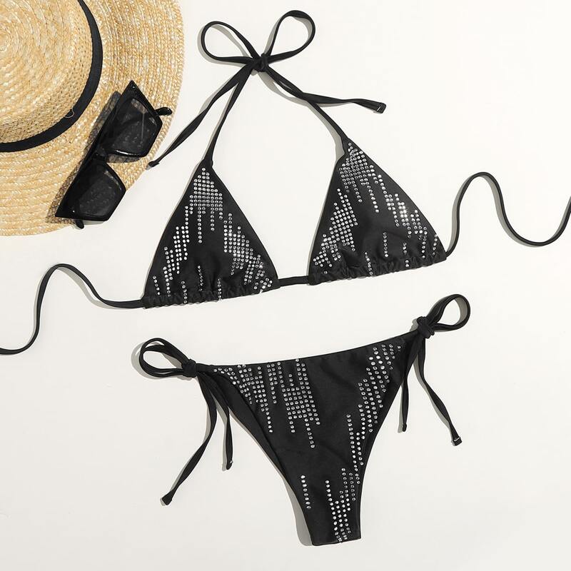 

Solid Rhinestone Tie Side Bikini Swimsuit, Black