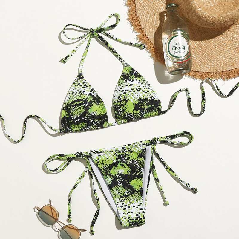 

Snakeskin Print Tie Side Bikini Swimsuit, Multicolor