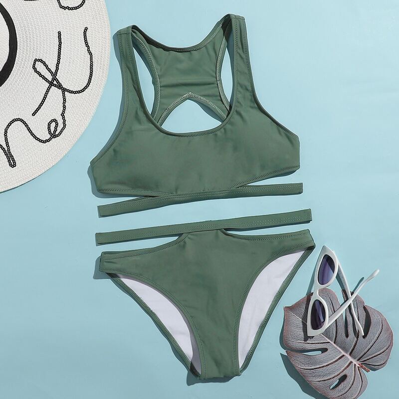

Solid Cut Out Bikini Swimsuit, Green