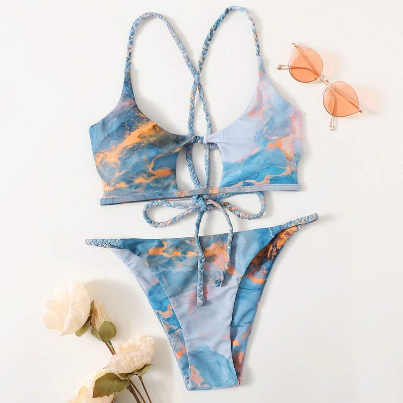 

Marble Print Cut Out Bikini Swimsuit, Multicolor