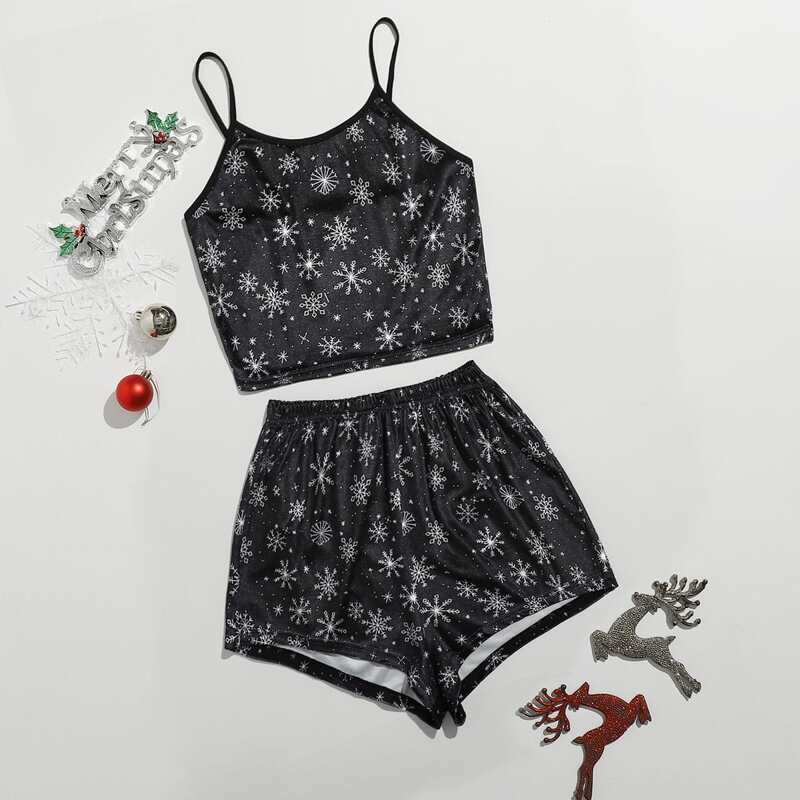

Snowflake Print PJ Set, Black