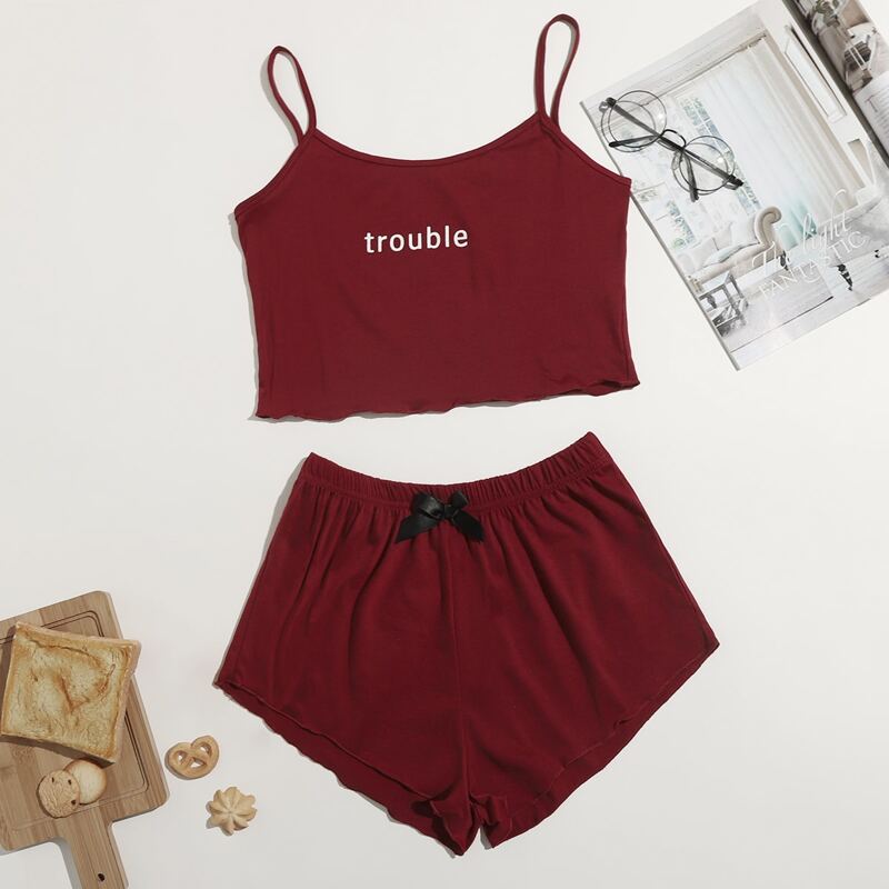 

Letter Graphic Bow Front Cami PJ Set, Burgundy