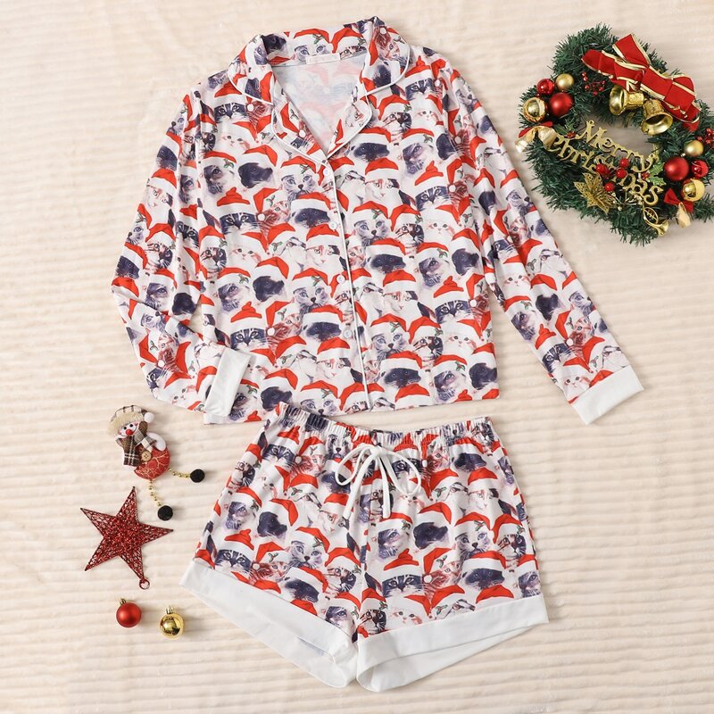 

Cat Print Shorts PJ Set, Multicolor