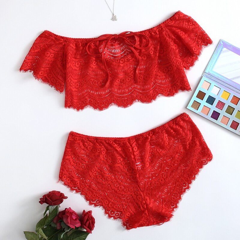 

Lace Eyelash Tie Front Lingerie Set, Red