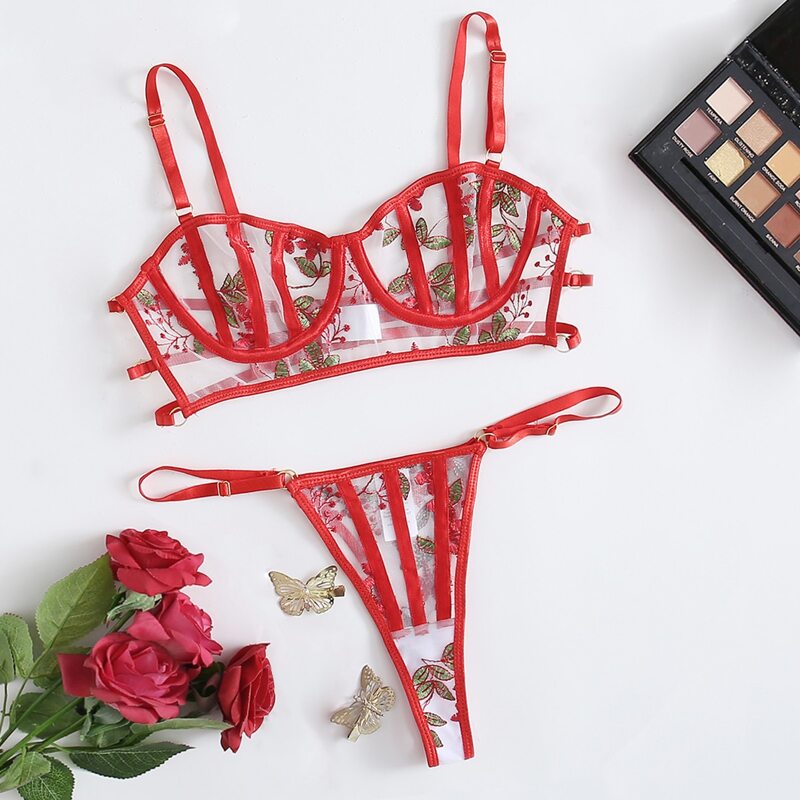 

Mesh Leaf Sheer Lingerie Set, Red