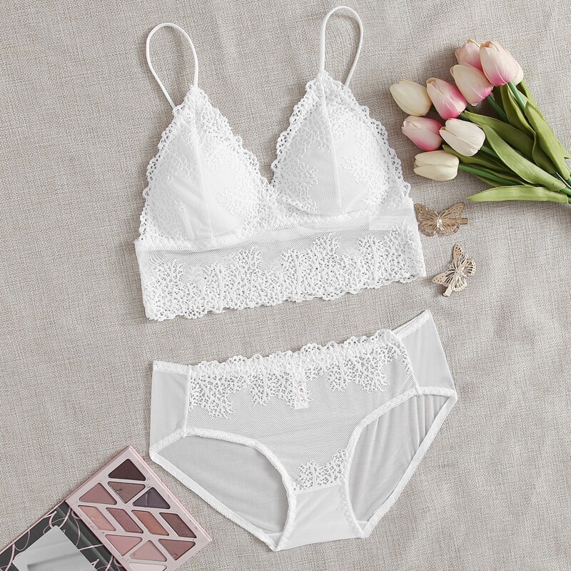 

Solid Lace Lingerie Set, White