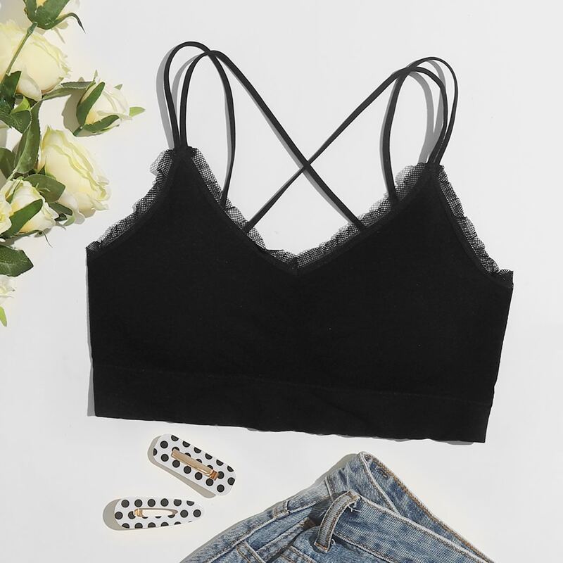 

Solid Lace Trim Bralette, Black