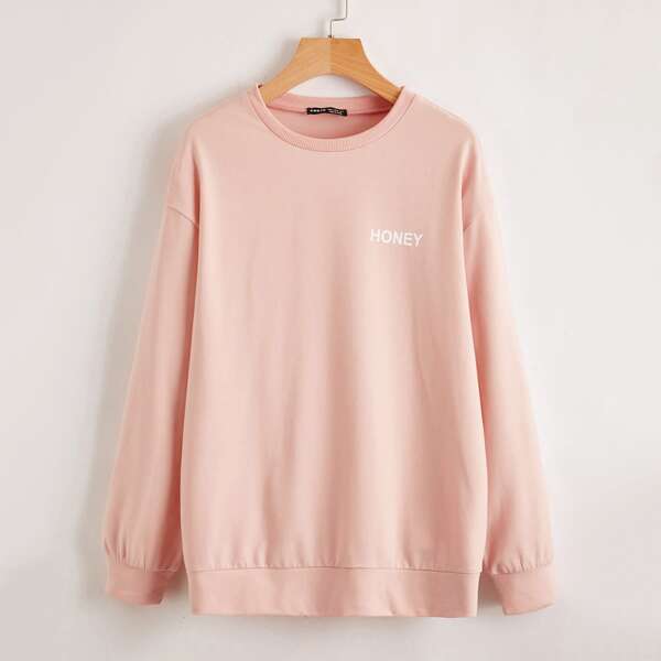 

Drop Shoulder Letter Graphic Pullover, Pastel baby pink